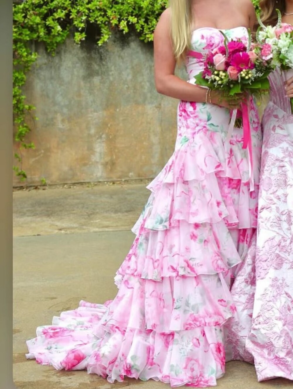 Sherri Hill Light Pink Floral Strapless Romantic Formal With Ruffles
